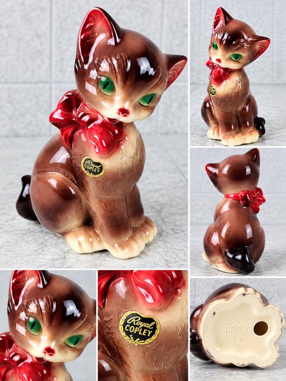 Vintage Royal Copley Ceramic Cat Figurine Green Eyes Red Bow